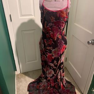 Floral Black and Red Prom Dress